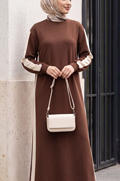 Modamorfo Dress with Garnished Sides and Sleeves -Brown