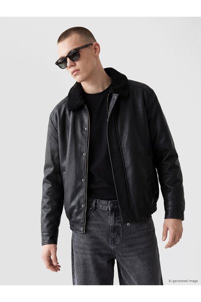 LC Waikiki Nevavm with Difference Xside Black Relax Fit Fur Collar Men's Leat...