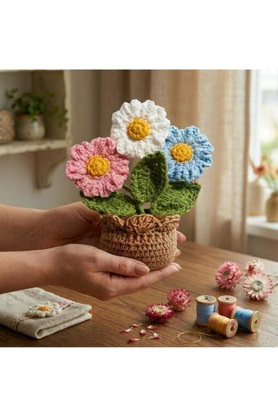 handmadebyrar Öğretmenler Günü El Örgüsü Papatya Saksı Pembe Mavi