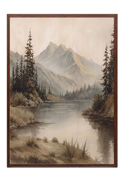 Postifull Mountain and Lake Scenery Poster – Brown Framed Art Print No:180261