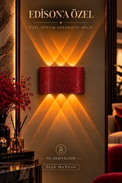 Edison Pilli Aplik Kablosuz LED Duvar Lambası Kırmızı Kristal Taşlı Dekoratif...