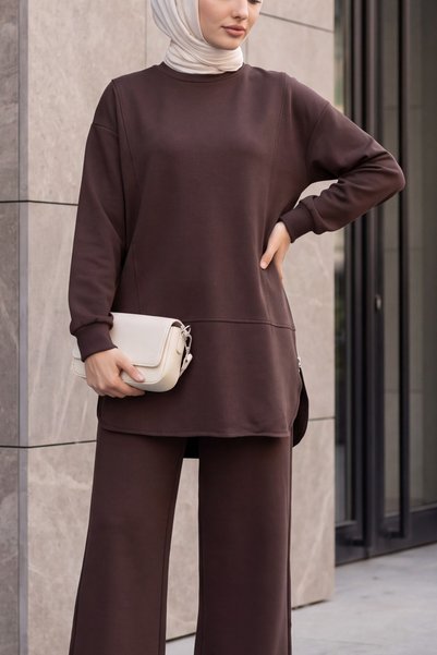 Modamorfo Crew Neck Slit Side Zipper Combed Cotton Suit - Brown