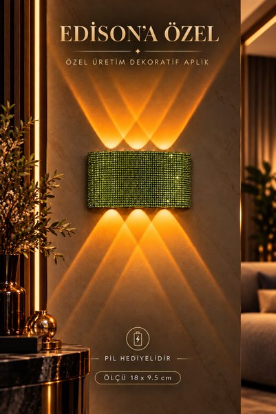 Edison Pilli Aplik Kablosuz LED Duvar Lambası Yeşil Kristal Taşlı Dekoratif A...