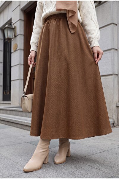 Modamorfo Elastic Waist Double Pocket Diagonal Skirt - Tan