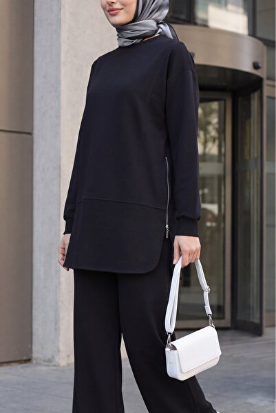 Modamorfo Crew Neck Slit Side Zipper Combed Cotton Suit - Black