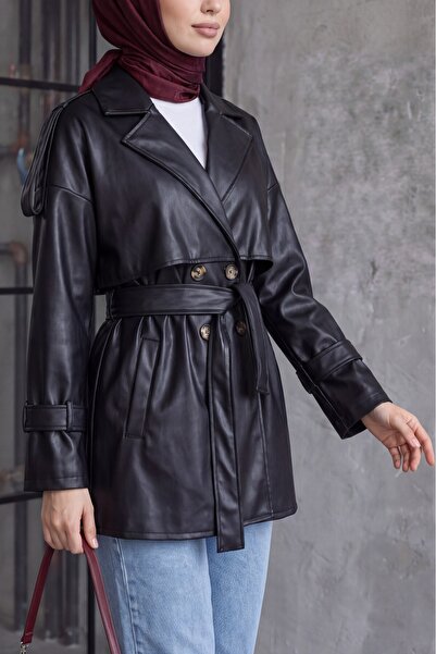 Modamorfo Trench din piele cu bolero, epoleți, curea în talie și buzunare - n...