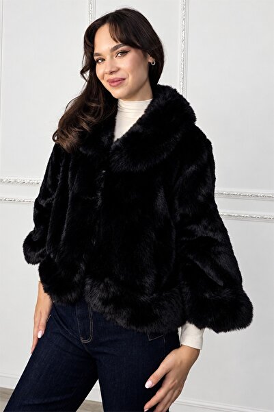 FashionForYou Jachetă scurtă de damă VELORA din blană artificială, cu guler l...