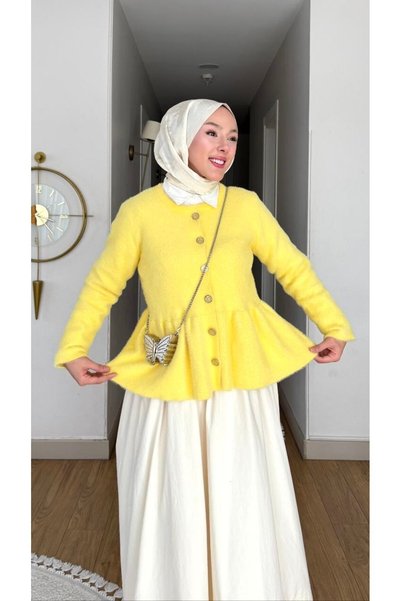 Nes Moda Kadın Düğme Detaylı Büzgülü Angora Tesettür Bluz Hırka Kazak