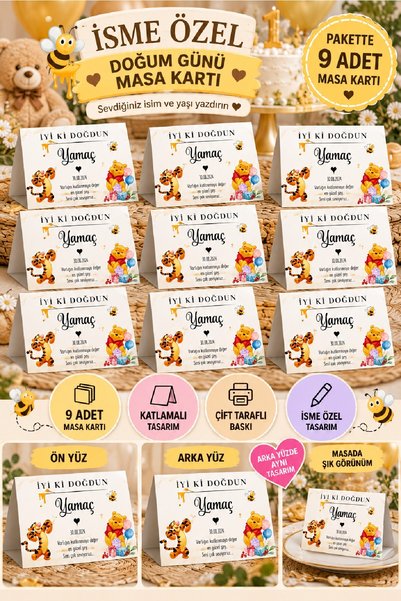 Bkmc Kişiye Özel Winnie The Pooh Konsepti Doğum Günü Masa Kartı 9 Adet | İsme...