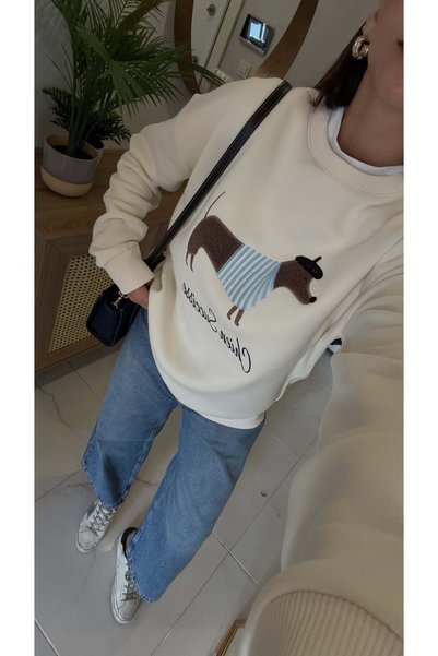 BİRCANÇİL Diels Ecru Dog Figured Sweatshirt