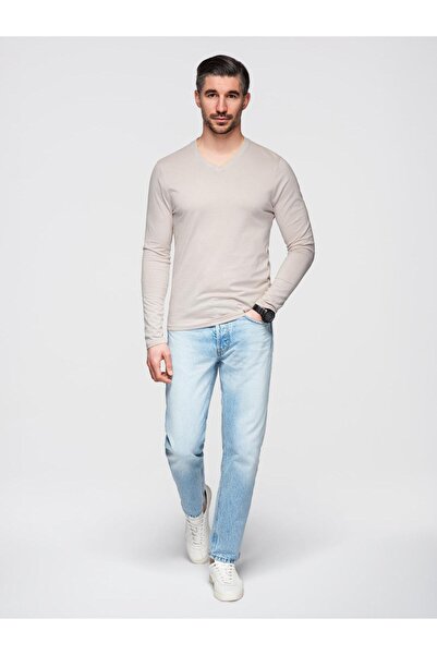 OMBRE Tricou bărbătesc cu mânecă lungă, croială normală, decolteu în V, jerse...