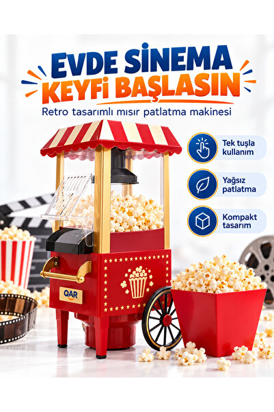 QAR Nostaljik Arabalı Patlamış Mısır Makinesi Kırmızı Retro Tasarım Mini Popcorn Makinesi Ev Sineması Çocuk Partisi Doğum Günü