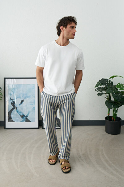 Oxford Sport Men's Striped Linen-Look Relaxed Fit Lace-Up Trousers