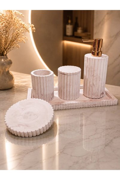 kozawoodart Decorative 5 Piece Marble Pattern Bathroom Set Liquid/Solid Soap ...
