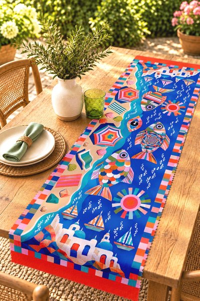 EVPANYA Coastline and Fish Patterned Runner/Tablecloth/Placemat