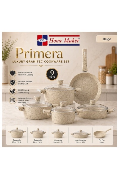 AVCI HOME MAKER Primera Granitec 9 Piece Non-Stick Cookware Set With Glass Li...
