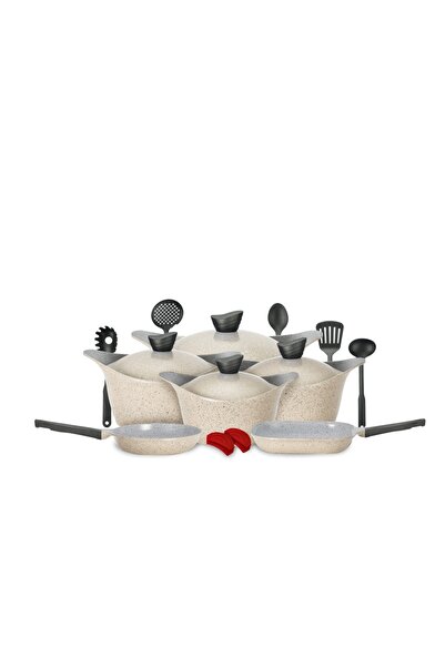 Badraig Lahoya Beige Marble 17-Piece Cookware Set