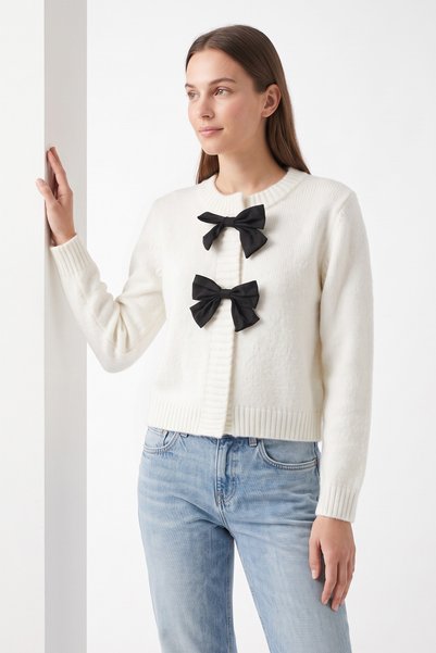 zenne Bow Detailed Knitwear Cardigan T2613 - Ecru