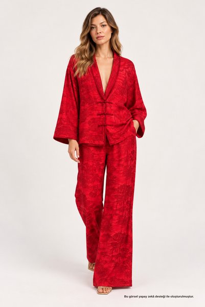 Rhen Store Çiçek Jakar Desenli Kırmızı Kimono Takım
