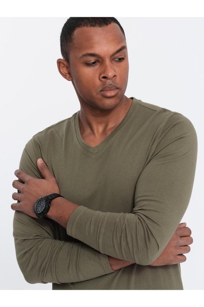 OMBRE Tricou bărbătesc cu mânecă lungă, croială normală, decolteu în V, jerse...