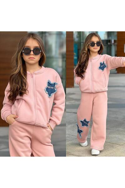 AYKİDSCLUP Kız Çocuk Kot Yıldız Detaylı Şardonlu Fermuarlı Sweatshirt ve Bol Paça Eşofman Takımı 43183 P-