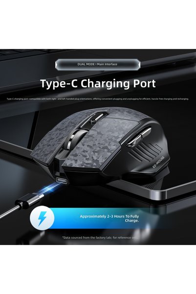 JOYUNIQ ماوس ألعاب لاسلكي M400، وضع مزدوج 2.4G وبلوتوث، قابل لإعادة الشحن بمنفذ Type-C، قابل للتعديل من 800 إلى 3200 نقطة في البوصة، نقر صامت، ماوس ألعاب مريح بتصميم كربوني للكمبيوتر المحمول والكمبيوتر الشخصي