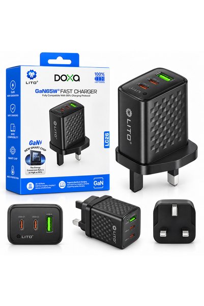 Generic Brand DOXA GaN 65W Fast Charger, 3-Port USB C Wall Charger with 2 USB-C & 1 USB-A Ports, GaN Technology, Fast Charging Adapter for Compatible MacBook, Laptops, Smartphones & Tablets, UK 3-Pin Plug, Black