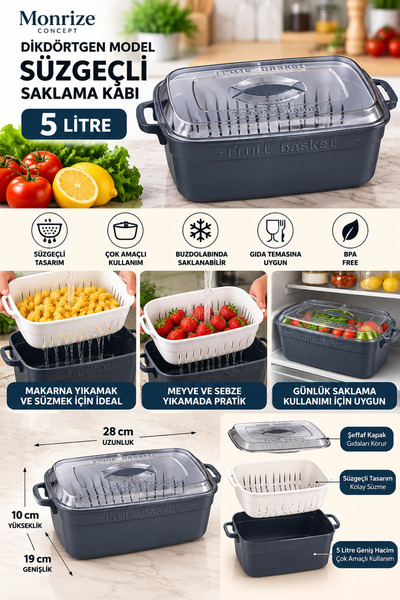 Monrize Concept 5 Litre Dikdörtgen Süzgeçli Saklama Kabı Kapaklı Makarna Süzg...