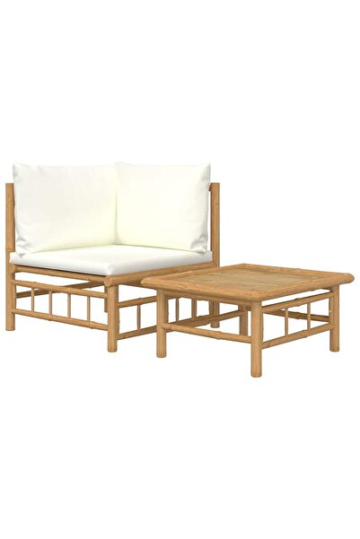 vidaxl Set mobilier de grădină cu perne alb crem, 2 piese, bambus
