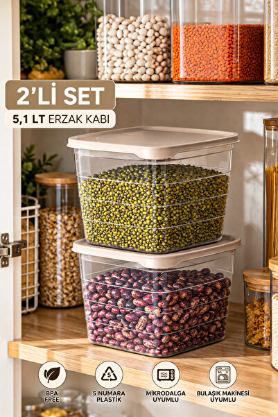 Porsima 0975 2'li Kare Erzak Saklama Kabı Seti 5,1 LT Cafe Latte - Şeffaf Bak...