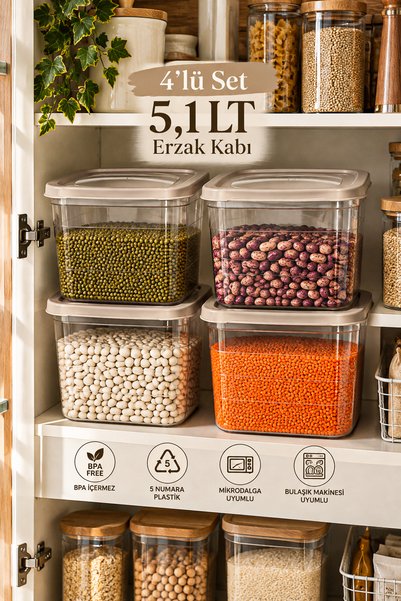 Porsima 0976 4'lü Kare Erzak Saklama Kabı Seti 5,1 LT Cafe Latte - Şeffaf Bakliyat, Deterjan & Mutfak Düzenleyici Kutu