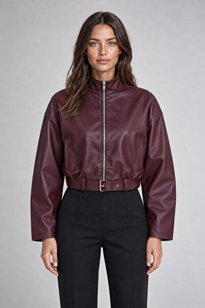 Freemen Women's Burgundy Leather Jacket - Belt Detailed Crop Oversize Leather...