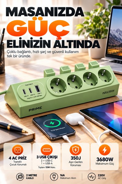 Merwish 4'lü Akım Korumalı Priz 350J – 3680W 16A, 2 USB-C 1 USB-A Çıkışlı, 15W USB Şarj, Fiş Çıkarma Mekanizmalı, 2 Metre Kablolu Çoklu Priz