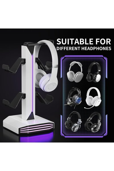 KASTWAVE RGB Headphone Stand for Desk, Gaming Headset Holder with USB and Type-C Ports, Rotatable Earphone Stand with Detachable Controller Holder, Multi-Functional Organizer for Gaming Accessories (White)