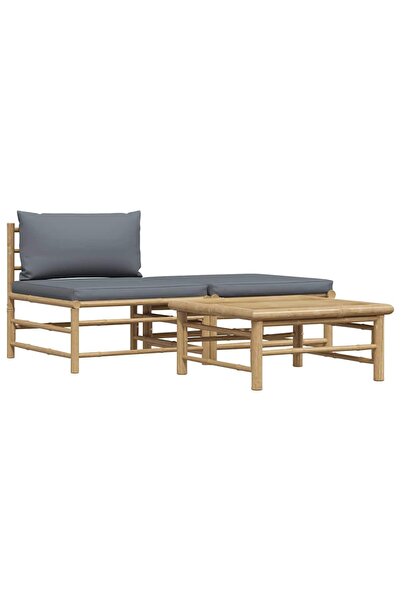 vidaxl Set mobilier de grădină, perne gri închis, 3 piese, bambus