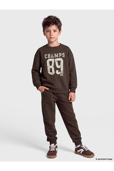 LC Waikiki Brown Printed Boys' Tracksuit Set