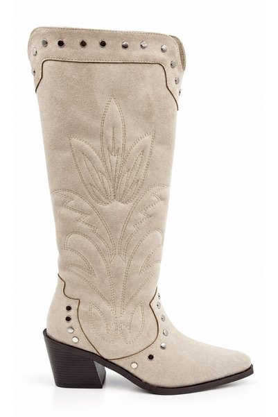 İX Statice Women's Suede Beige Embossed Embroidered Pointed Toe Thick Heeled Below the Knee Cowboy Boots 6.5 cm Heel