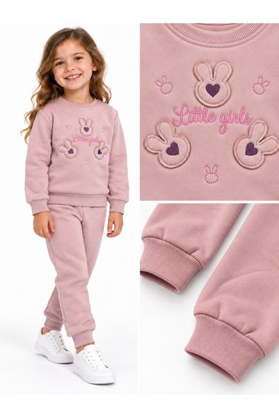 Kız Çocuk Pudra Tavşan Nakışlı Sweatshirt ve Jogger Pantolon İkili Takım