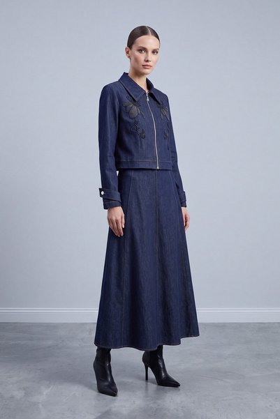 Puane Çiçek Nakışlı Fermuarlı Denim Elbise Ceket Takım Lacivert