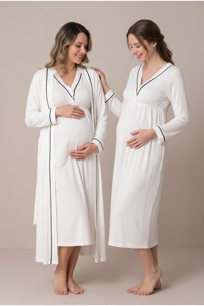 LOHOUSE Women's Ecru Long Sleeve Maternity Pajama Set with Piping, Easy for B...
