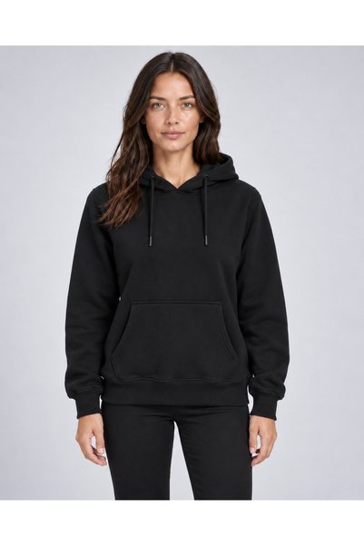 Freemen Women's Black Hooded Basic Slim Fit Sweatshirt with Pockets
