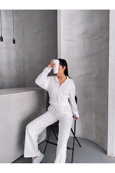 Cool & Sexy Women's Modal Fabric Zippered Crop Sweatshirt and Wide Leg Pants 2-Piece Set