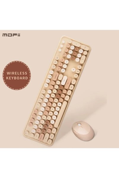 Mofii Sweet Kablosuz Klavye Mouse Seti 2.4g Retro Yuvarlak Tuşlu 104 Tuş Sessiz Renkli Set Süt Çayı