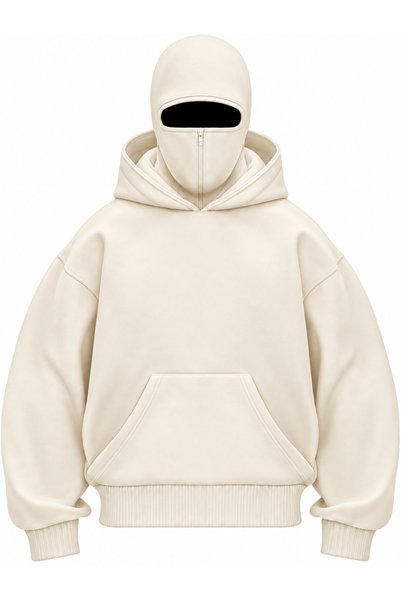 HAI COLLECTİON Unisex Oversize Hooded Sweatshirt Balaclava Masked Ecru Hoodie