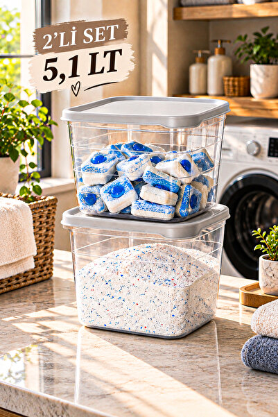 Porsima 0975 2'li 5100 ml Toz Ve Tablet Deterjan Saklama Kutusu Saklama Kabı Şeffaf-Gri