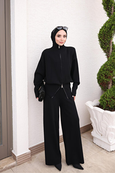 İmajButik Black Corsman Zippered Cardigan and Trousers Knitwear Set