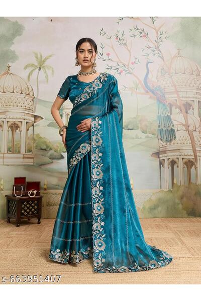 Generic Brand Embroidered, Self Design, Woven Bollywood Organza Saree (Blue)