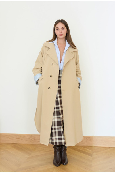My Blog Camel Deep Slit Detailed Trench Coat - 4273