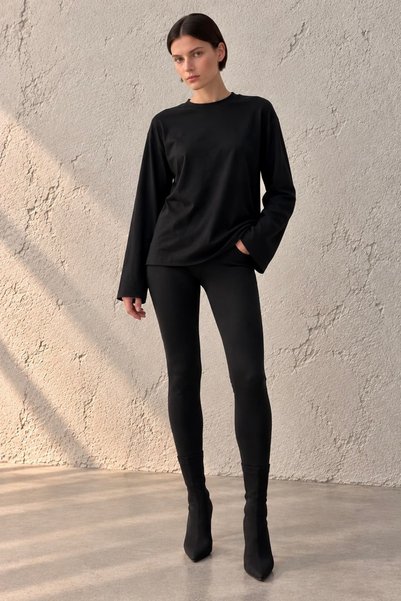 bb butik basic Women's Tok Textured Combed Cotton Basic Blouse Loose Sleeves Crew Neck My7204