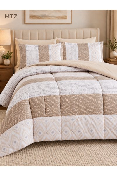 mtz Quilted Comforter with Geometric Stripe Pattern, Beige and Taupe Bedding ...
